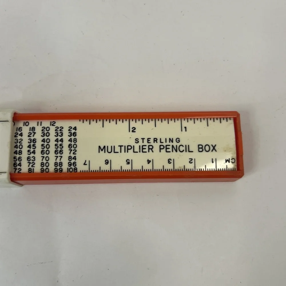 Vintage Multiplier Pencil Box, Sharpener & Ruler, Red White Read